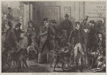 La Exposición Internacional Canina en Islington, llegada de perros